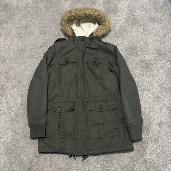 Levi's Jacket Womens Size Small Green Hooded Sherpa Lined Parka Faux Fur Trim - Picture 2 of 7